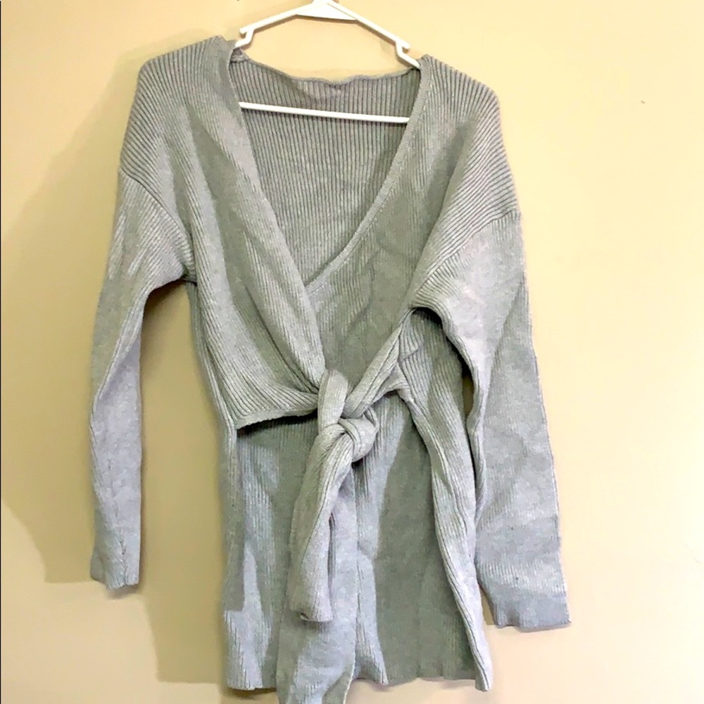 women’s grey knit tie sweater/cardigan